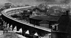 A black and white historical photo of the Great Stone Viaduct