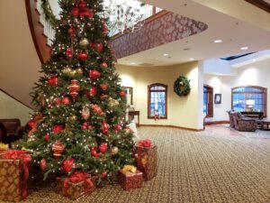 The Carlisle Inn lobby, decorated for Christmas. Located in Amish Country
