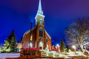 A church illuminated at night in Frankenmuth