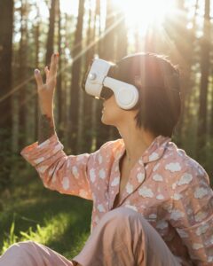 A woman experiencing Virtual Reality Exposure Therapy