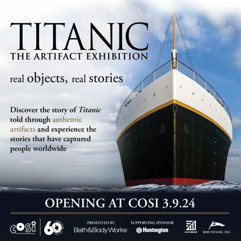 An image of the Titanic on an ad for a Titanic Cosi Exhibit spring of 2024