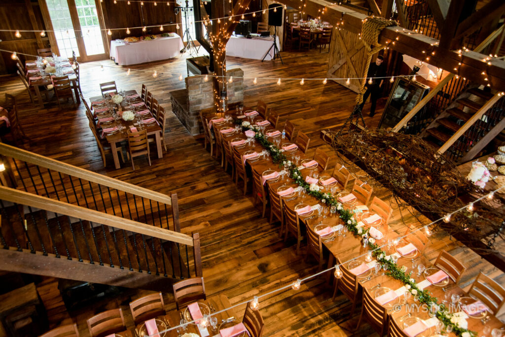 Above view of inside of rustic barn for elegant wedding reception at Carroll County Wedding Venues