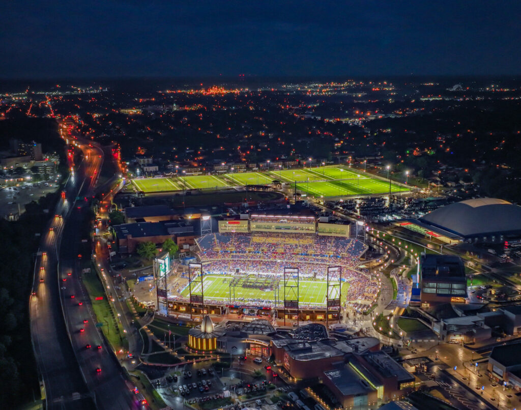 Aerial view of the Hall Of Fame HOF football game at night Tom Benson Stadium