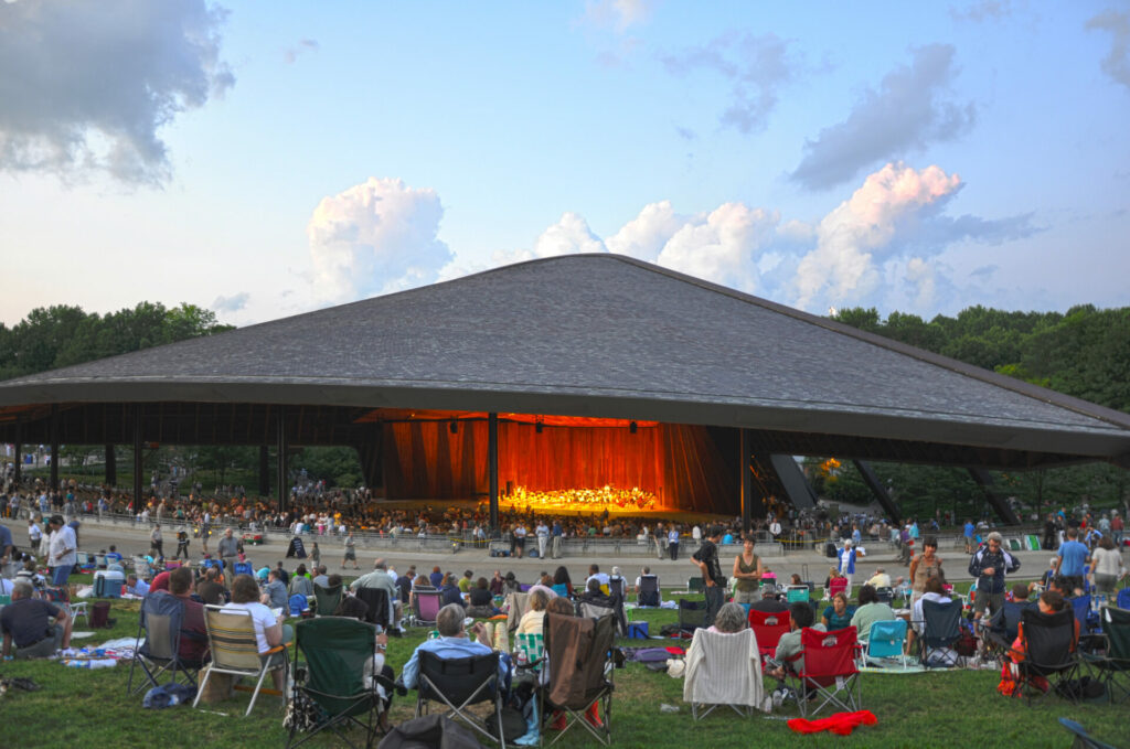 A view from the lawn seats of the Blossom Ampitheatre on a summer evening. 